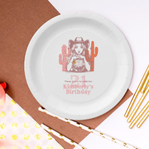 Country Pink Cowgirl Disco 21st Birthday Party Paper Plate