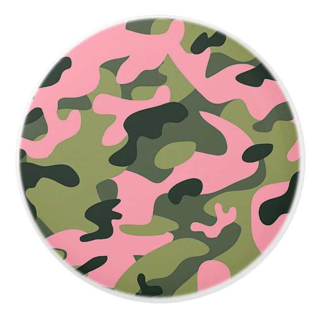 Country Pink Green Army Camo Camouflage Pattern Ceramic Knob (Front)