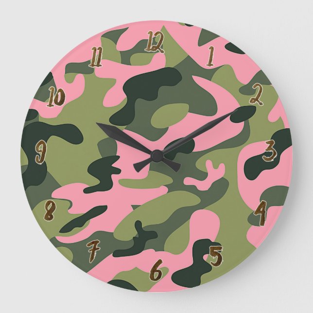 Country Pink Green Army Camo Camouflage Pattern Large Clock (Front)