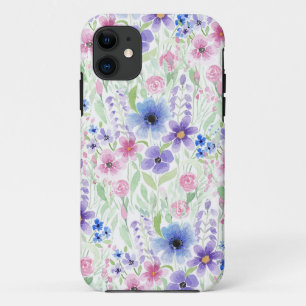 Country Pink Purple Watercolor Flowers iPhone 11 Case