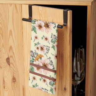 Country Pink, Yellow, Rust Floral Watercolor Kitchen Towel