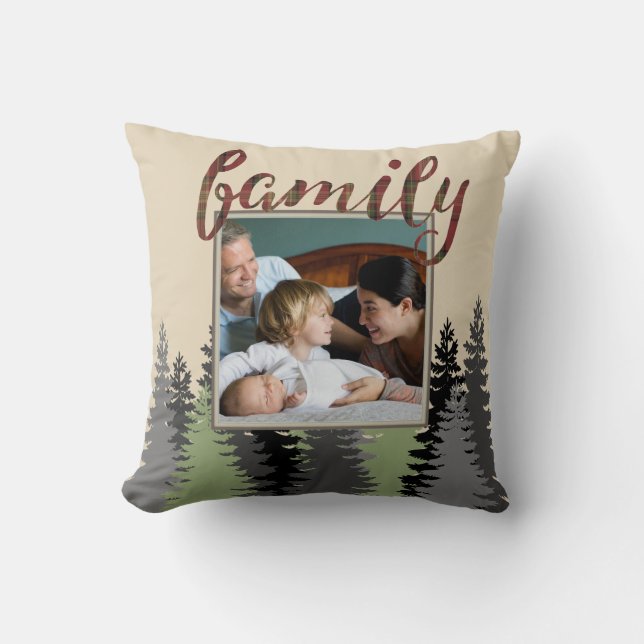 Country Plaid and Pine Family Photo Throw Pillow (Front)