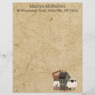 Country Prim Folk Art Green Saltbox, Sheep Letterhead