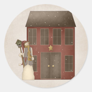 Country Prim Snowman & Saltbox House Design Classic Round Sticker
