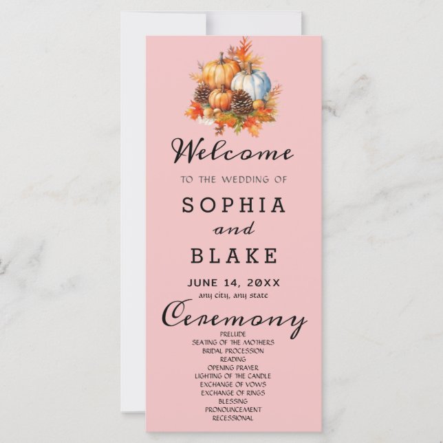 Country Pumpkins Fall Baby Pink Wedding Program (Front)