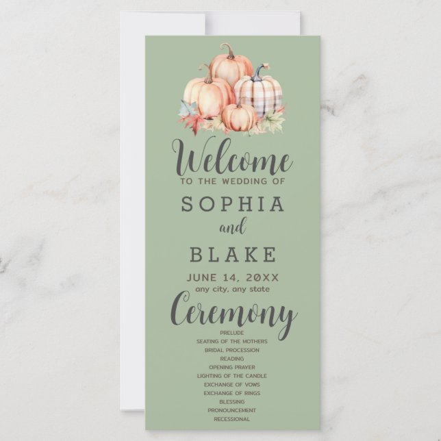 Country Pumpkins Plaid Fall Green Wedding Program (Front)