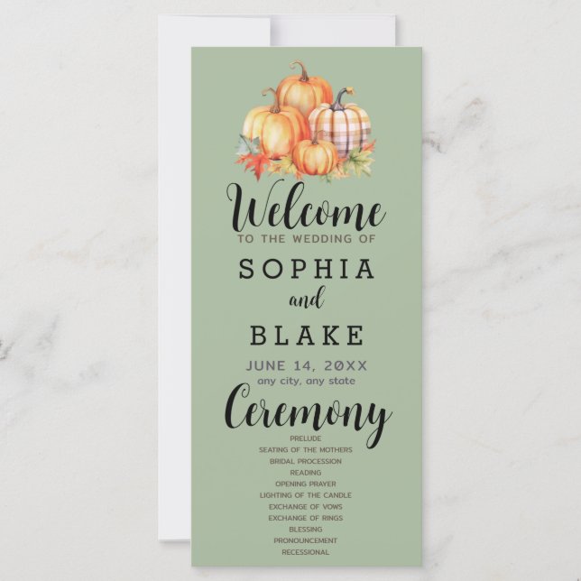 Country Pumpkins Plaid Fall Green Wedding Program (Front)