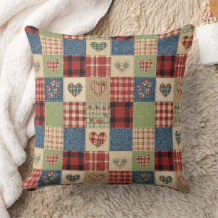 Country Quilt Heart Patchwork Red Blue Throw Pillow