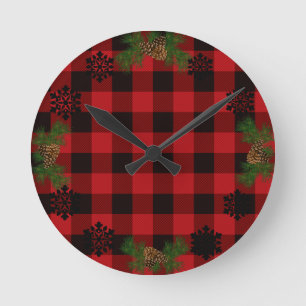 Country red and black plaid pine cone round clock