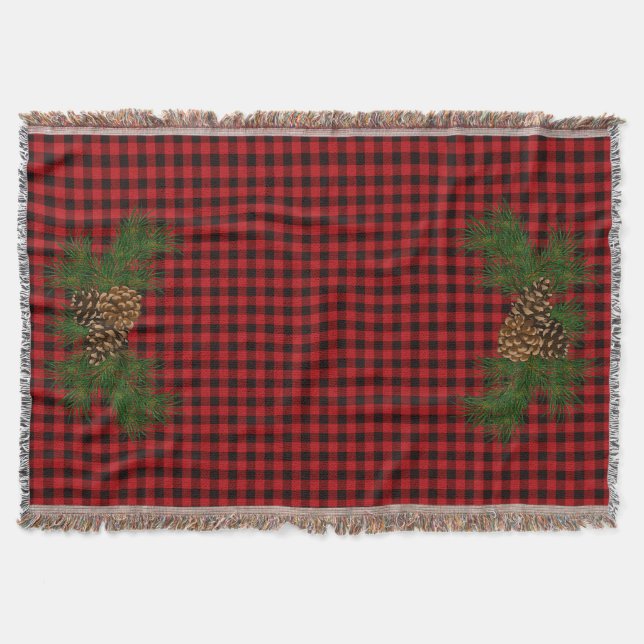 Country red and black plaid pine cone throw blanket (Front)