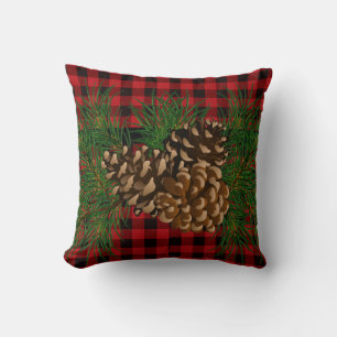 Country red and black plaid pine cone throw pillow