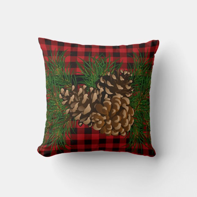 Country red and black plaid pine cone throw pillow (Front)