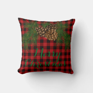 Country red and black plaid pine cone throw pillow