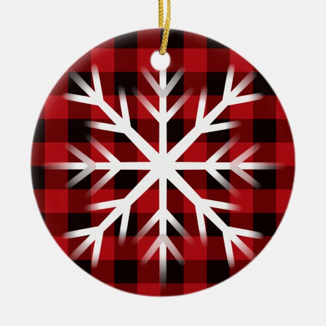 Country red and black plaid -snowflake / ceramic ornament (Front)