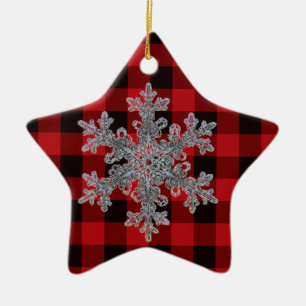 Country red and black plaid -snowflake ceramic ornament