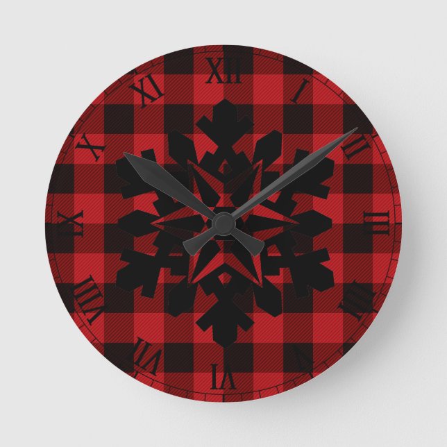 Country red and black plaid -snowflake round clock (Front)