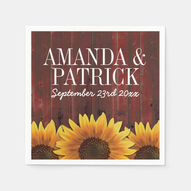 Country Red Barn Wood + Rustic Sunflower Wedding Napkin (Front)