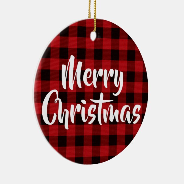 Country red, black buffalo plaid - Merry Christmas Ceramic Ornament (Right)
