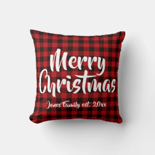 Country red, black buffalo plaid - Merry Christmas Throw Pillow