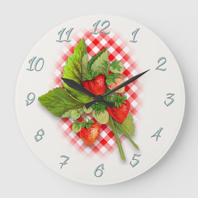 Country Red Gingham and Strawberries Large Clock (Front)