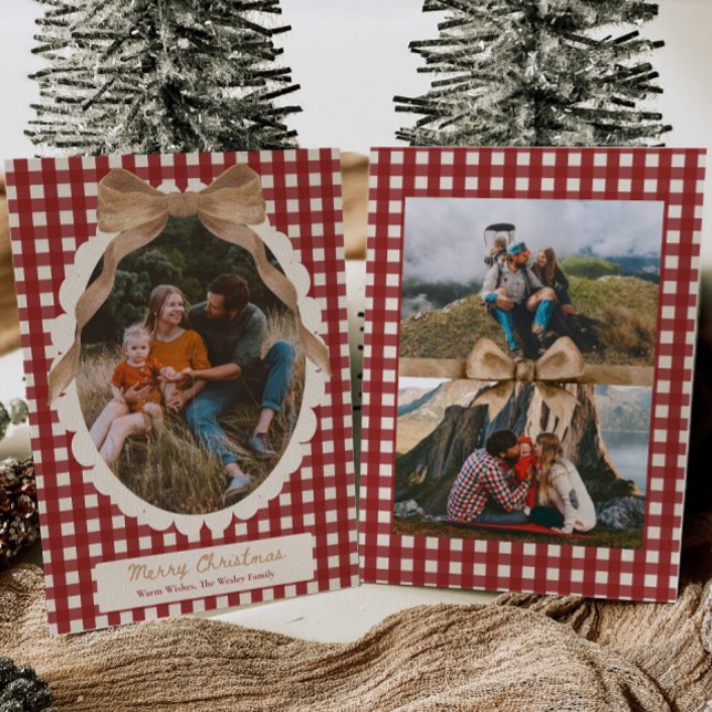 Country Red Gingham Bow Photo Christmas Card (Creator Uploaded)