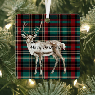 Country Red Green Plaid Christmas Deer Metal Ornament