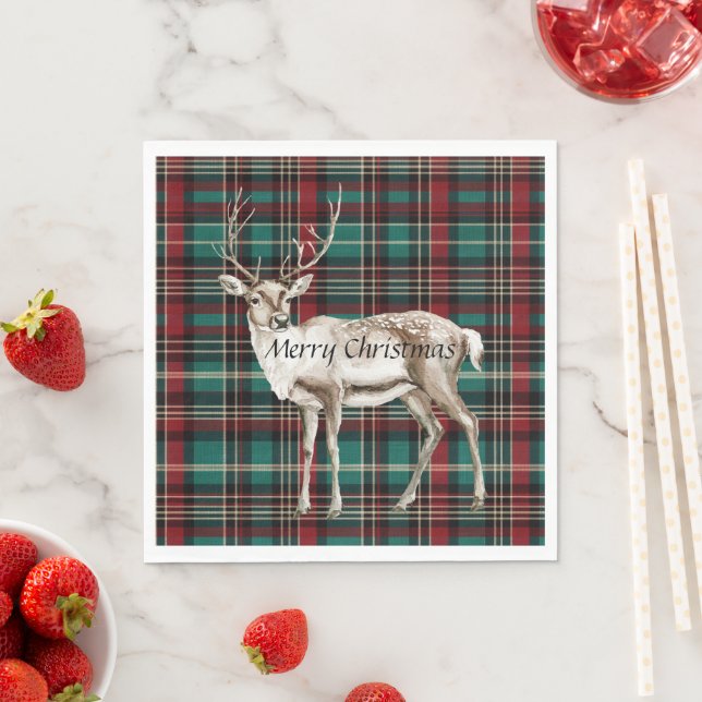 Country Red Green Plaid Christmas Deer Napkin (Insitu)