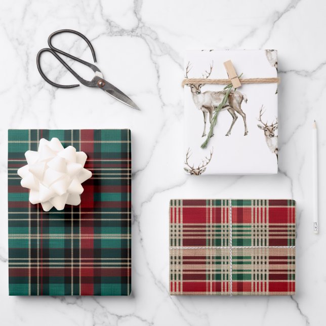 Country Red Green Plaid Christmas Deer Wrapping Paper Sheet (Front)