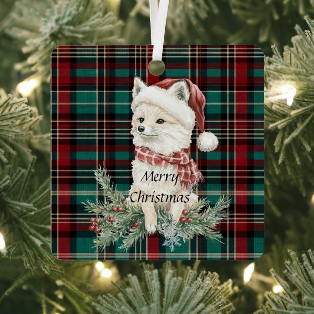 Country Red Green Plaid Christmas Fox Metal Ornament (Insitu)