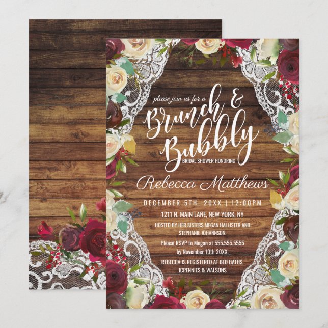 Country Red Ivory Floral Lace Wood Brunch Bubbly Invitation (Front/Back)