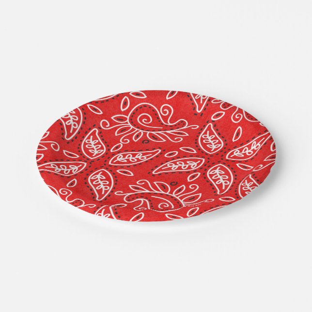 Country red paisley pattern party paper plate (Angled)