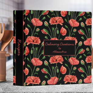 Country Red Poppies on Black Monogram Recipe Binder