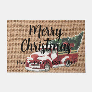 Country red truck Family name design on burlap Doormat