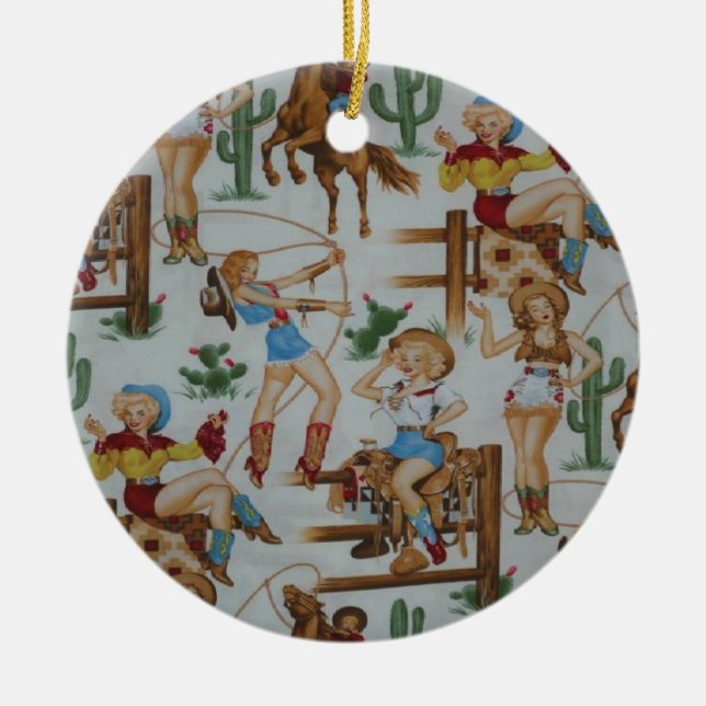 Country Retro Christmas Cowgirls Ceramic Ornament (Front)