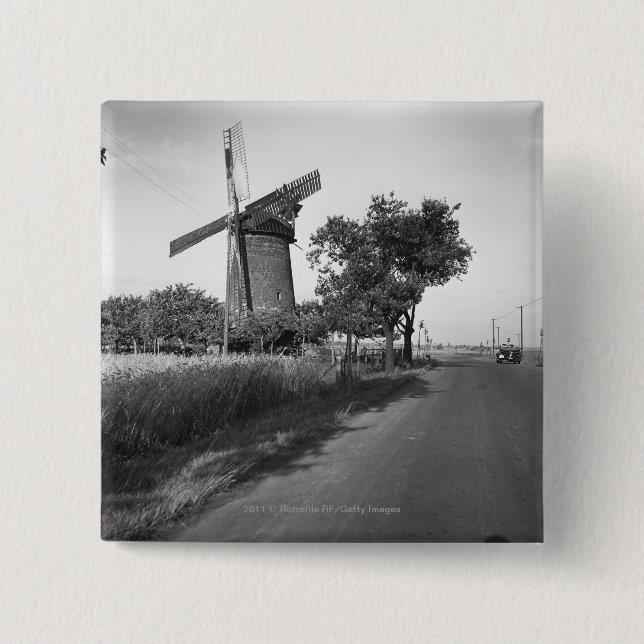 Country road and traditional windmill 2 inch square button (Front)