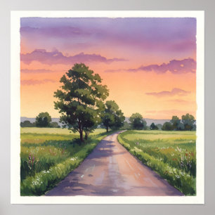 Country Road at Sunset -Rustic Countryside Farmhou Poster