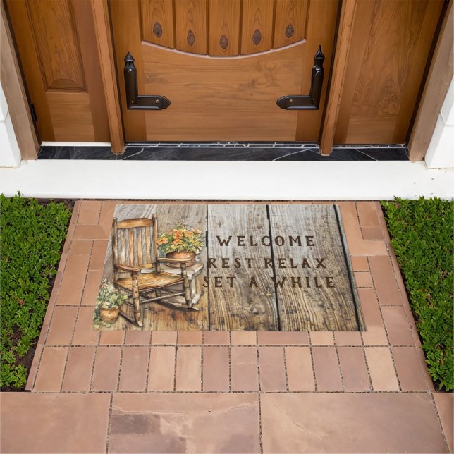 Country Rocking Chair Flower Pots Welcome Doormat (Outdoor)