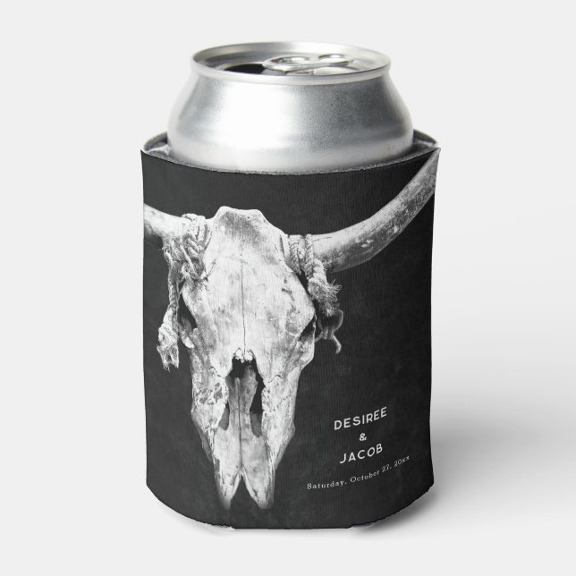 Country Rodeo Western Black And White Bull Skull Can Cooler (Can Front)