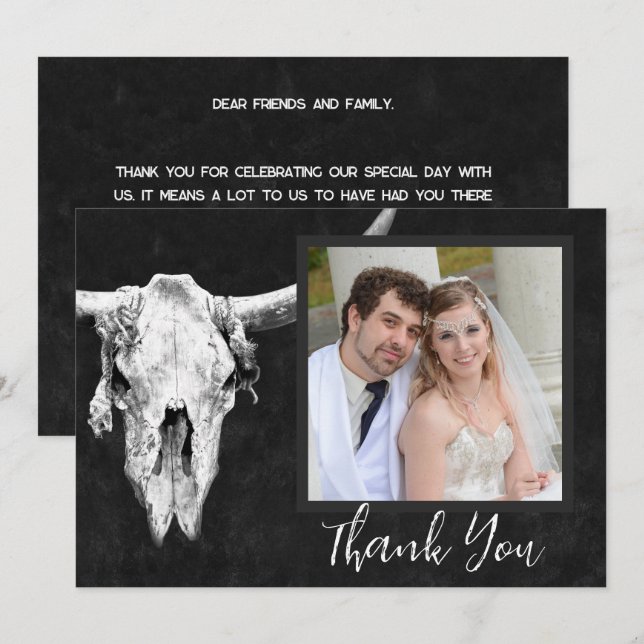 Country Rodeo Western Black White Bull Skull Photo Thank You Card (Front/Back)