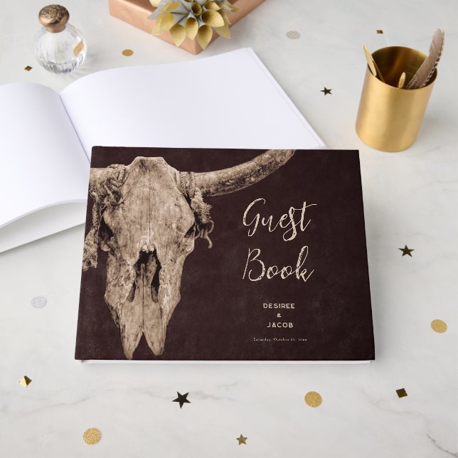 Country Rodeo Western Brown Bull Skull Guest Book (Front Open)