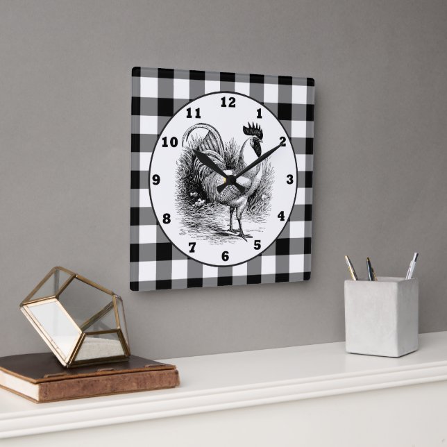 Country Rooster black white check clock (Office)