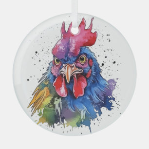 Country Rooster Chicken Watercolor Style Glass Ornament