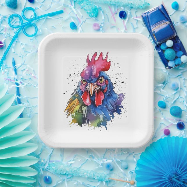 Country Rooster Chicken Watercolor Style Paper Plate (Party)