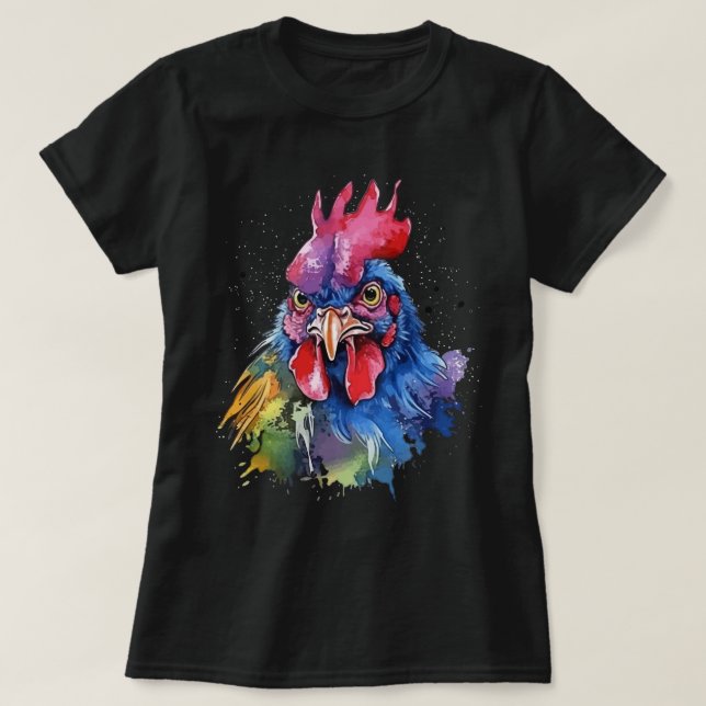 Country Rooster Chicken Watercolor Style T-Shirt (Design Front)