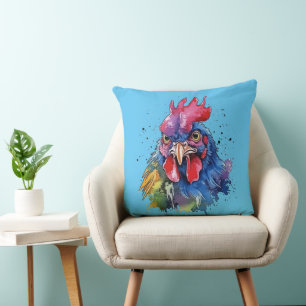 Country Rooster Chicken Watercolor Style Throw Pillow