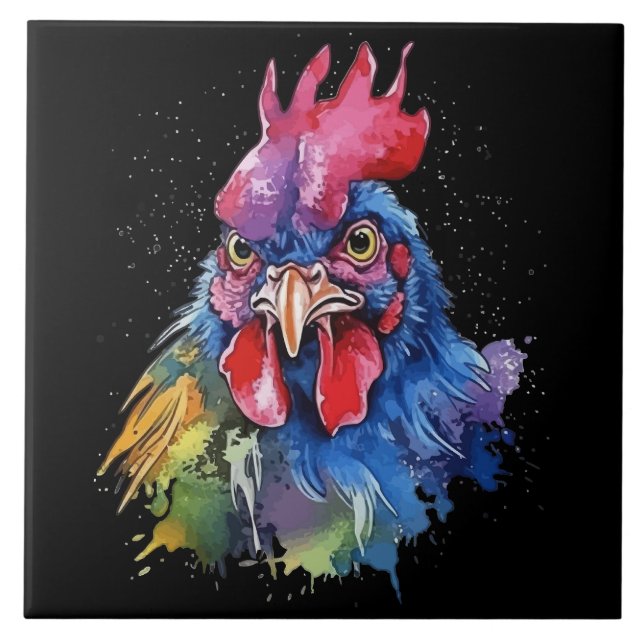 Country Rooster Chicken Watercolor Style Tile (Front)