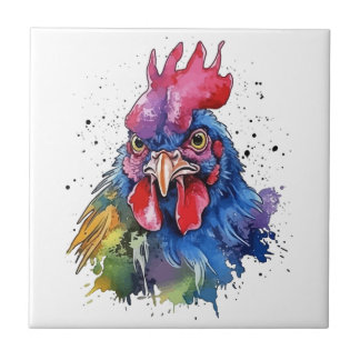 Country Rooster Chicken Watercolor Style Tile