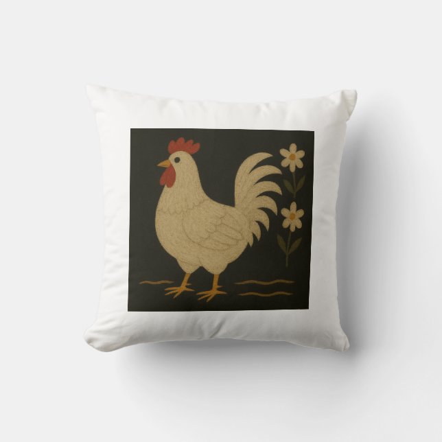 Country Rooster Folk Art Throw Pillow (Front)