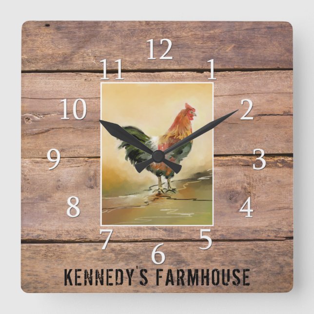 Country Rooster Rustic Wood Farmhouse Family Name Square Wall Clock (Front)