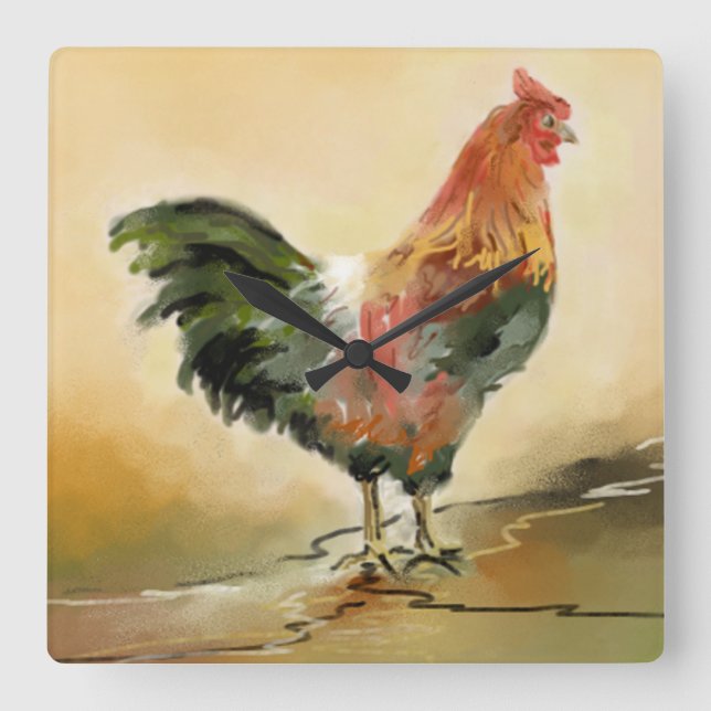 Country Rooster Square Wall Clock (Front)